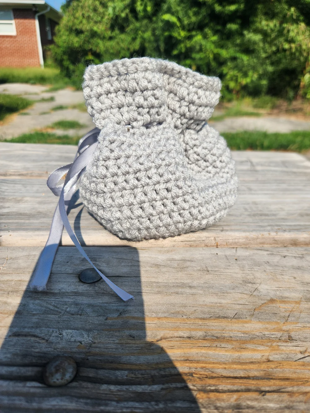 Handmade Light Gray Crochet Drawstring Pouch with Satin Ribbon